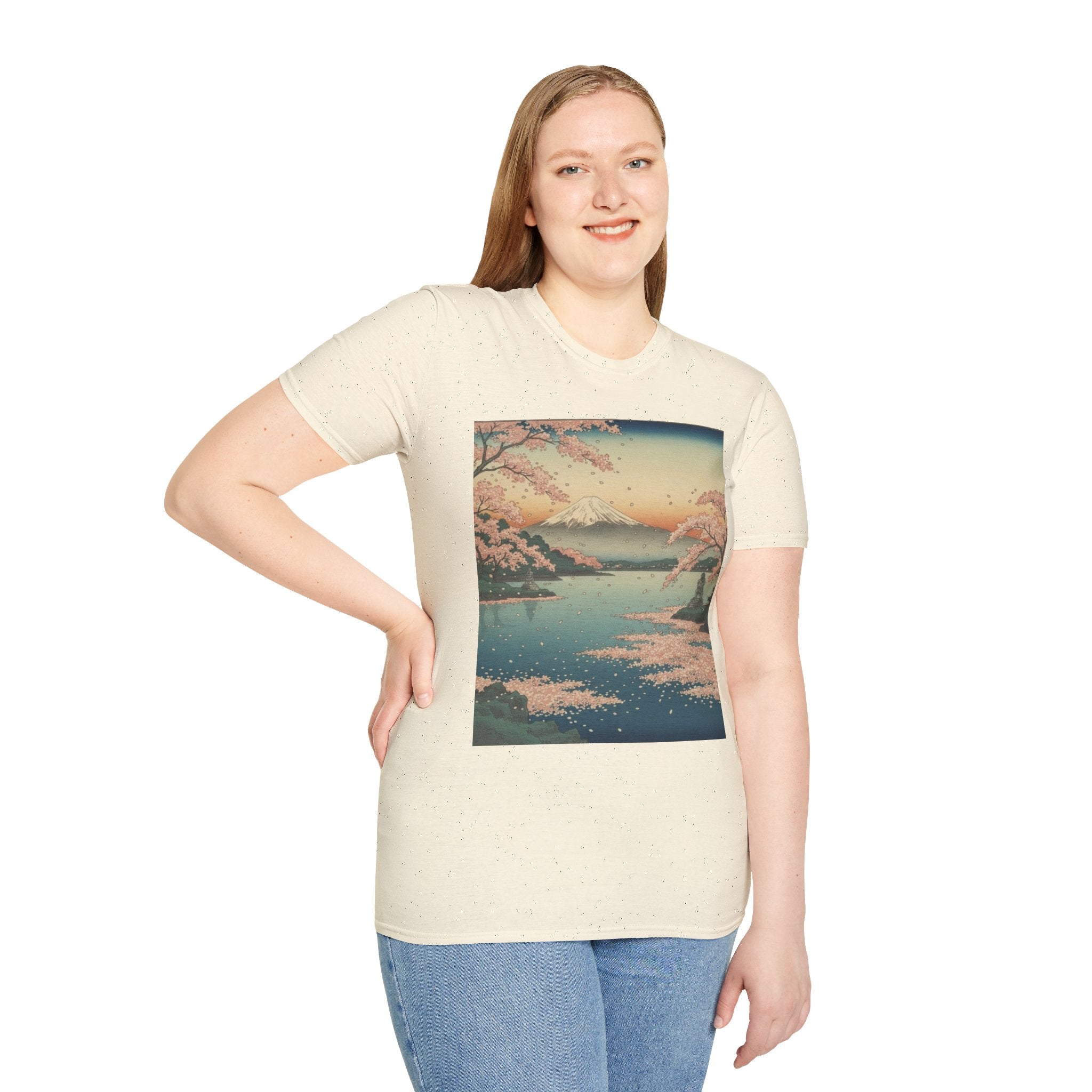 Ukiyo-e Spring Landscape T-Shirt - Basho's Blossom Lake Haiku Tee