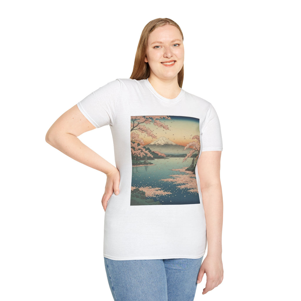 Ukiyo-e Spring Landscape T-Shirt - Basho's Blossom Lake Haiku Tee