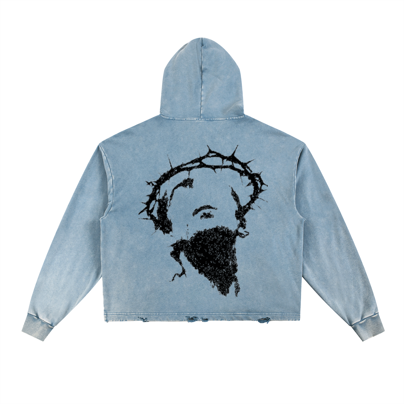 Vintage washed hoodie,Frayed hem hooded sweatshirt,Distressed streetwear hoodie,Boxy fit vintage hoodie,Oversized cropped hoodie men,Drop shoulder washed fleece,Gothic crown of thorns apparel,Dark aesthetic streetwear,Religious iconography clothing,Grunge aesthetic hoodie