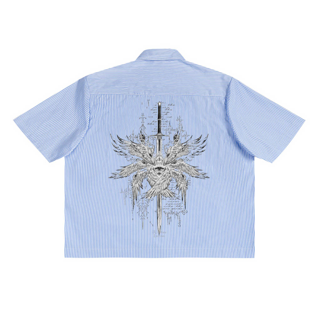 Pinstripe Boxy Shirt,Oversized Stripe Shirt,Boxy Fit Pinstripe Shirt,Short Sleeve Pinstripe Shirt,Men’s Boxy Pinstripe Shirt,Cyber Sigilism Streetwear,Darkwear Pinstripe Shirt,Graphic Streetwear Button Up,Grunge Aesthetic Clothing,Experimental Streetwear Design