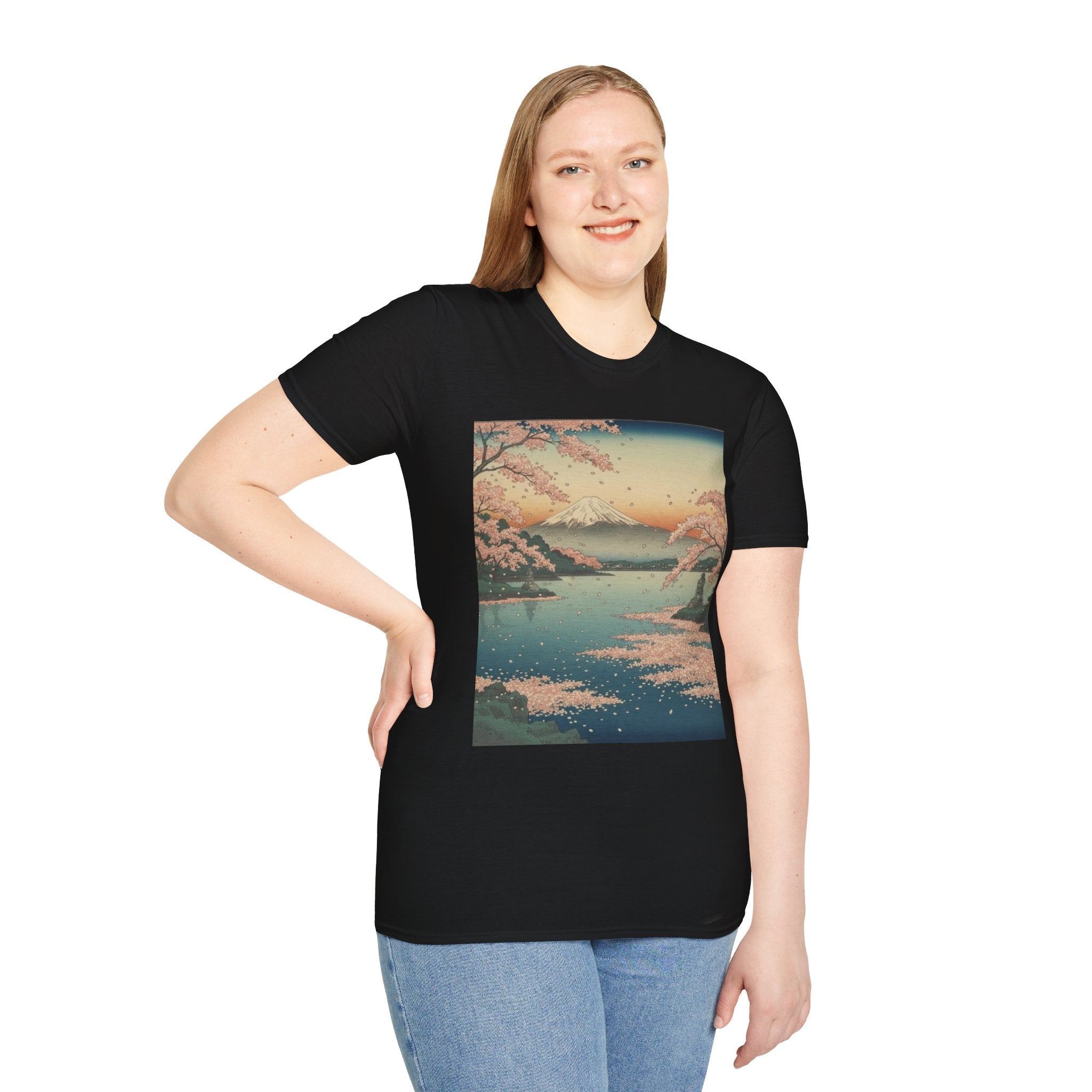Ukiyo-e Spring Landscape T-Shirt - Basho's Blossom Lake Haiku Tee