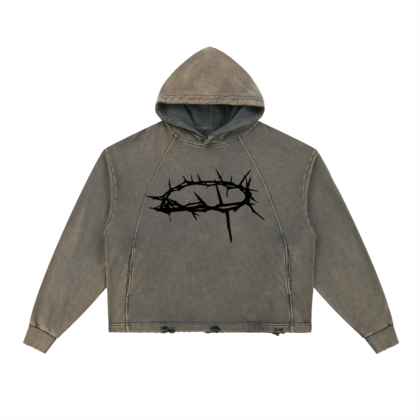 Vintage washed hoodie,Frayed hem hooded sweatshirt,Distressed streetwear hoodie,Boxy fit vintage hoodie,Oversized cropped hoodie men,Drop shoulder washed fleece,Gothic crown of thorns apparel,Dark aesthetic streetwear,Religious iconography clothing,Grunge aesthetic hoodie