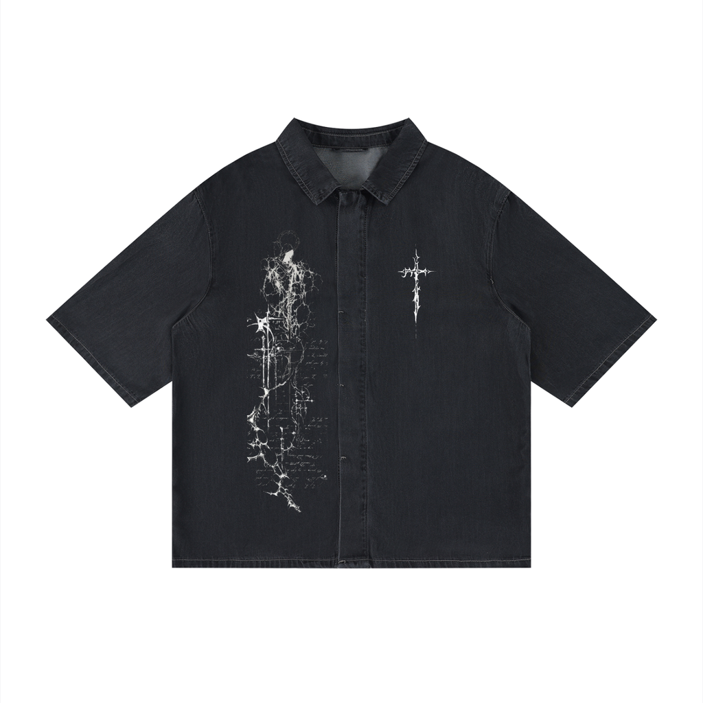 darkwear shirt,washed black shirt,gothic streetwear shirt,lyocell streetwear,drop shoulder button up,oversized darkwear,archive inspired shirt,distressed graphic shirt,avant streetwear,monochrome streetwear
