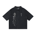 darkwear shirt,washed black shirt,gothic streetwear shirt,lyocell streetwear,drop shoulder button up,oversized darkwear,archive inspired shirt,distressed graphic shirt,avant streetwear,monochrome streetwear