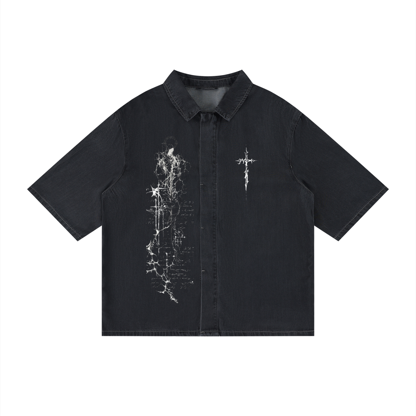 darkwear shirt,washed black shirt,gothic streetwear shirt,lyocell streetwear,drop shoulder button up,oversized darkwear,archive inspired shirt,distressed graphic shirt,avant streetwear,monochrome streetwear
