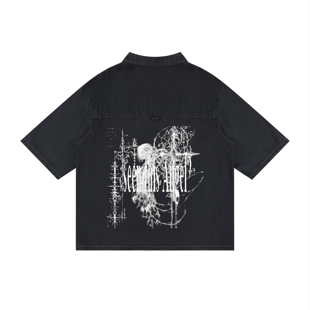 darkwear shirt,washed black shirt,gothic streetwear shirt,lyocell streetwear,drop shoulder button up,oversized darkwear,archive inspired shirt,distressed graphic shirt,avant streetwear,monochrome streetwear