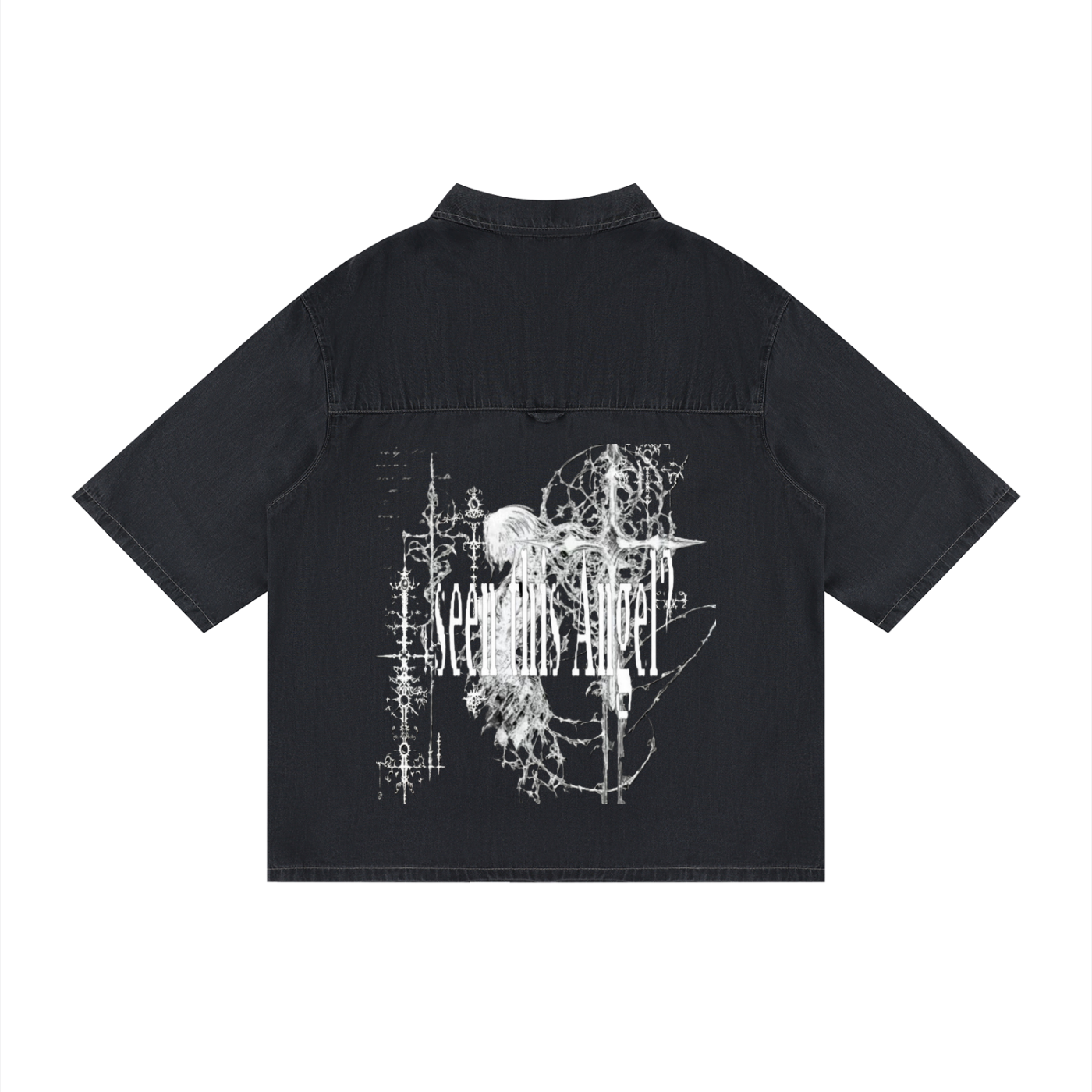 darkwear shirt,washed black shirt,gothic streetwear shirt,lyocell streetwear,drop shoulder button up,oversized darkwear,archive inspired shirt,distressed graphic shirt,avant streetwear,monochrome streetwear