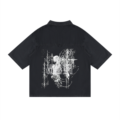 darkwear shirt,washed black shirt,gothic streetwear shirt,lyocell streetwear,drop shoulder button up,oversized darkwear,archive inspired shirt,distressed graphic shirt,avant streetwear,monochrome streetwear