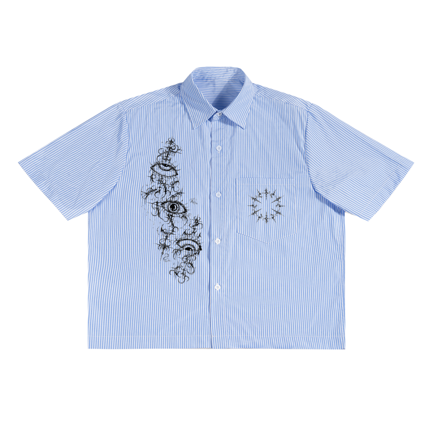 Pinstripe Boxy Shirt,Oversized Stripe Shirt,Boxy Fit Pinstripe Shirt,Short Sleeve Pinstripe Shirt,Men’s Boxy Pinstripe Shirt,Cyber Sigilism Streetwear,Darkwear Pinstripe Shirt,Graphic Streetwear Button Up,Grunge Aesthetic Clothing,Experimental Streetwear Design