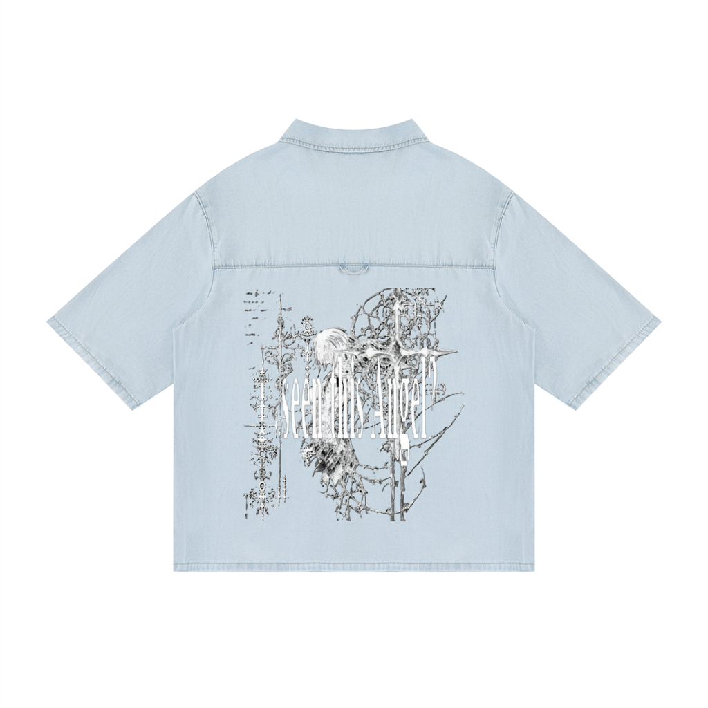 darkwear shirt,washed black shirt,gothic streetwear shirt,lyocell streetwear,drop shoulder button up,oversized darkwear,archive inspired shirt,distressed graphic shirt,avant streetwear,monochrome streetwear