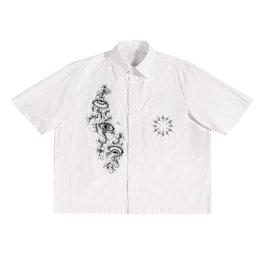 Pinstripe Boxy Shirt,Oversized Stripe Shirt,Boxy Fit Pinstripe Shirt,Short Sleeve Pinstripe Shirt,Men’s Boxy Pinstripe Shirt,Cyber Sigilism Streetwear,Darkwear Pinstripe Shirt,Graphic Streetwear Button Up,Grunge Aesthetic Clothing,Experimental Streetwear Design