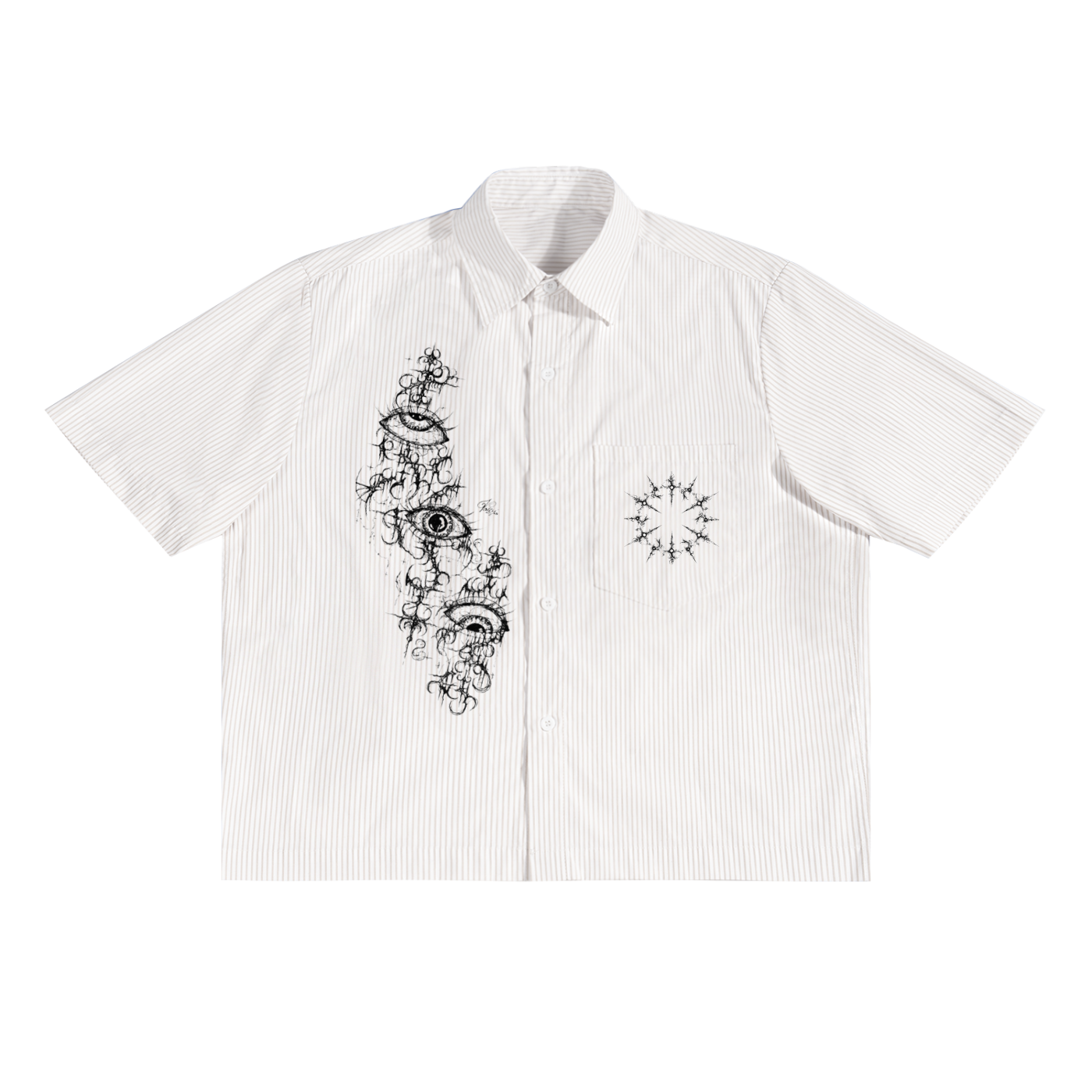 Pinstripe Boxy Shirt,Oversized Stripe Shirt,Boxy Fit Pinstripe Shirt,Short Sleeve Pinstripe Shirt,Men’s Boxy Pinstripe Shirt,Cyber Sigilism Streetwear,Darkwear Pinstripe Shirt,Graphic Streetwear Button Up,Grunge Aesthetic Clothing,Experimental Streetwear Design