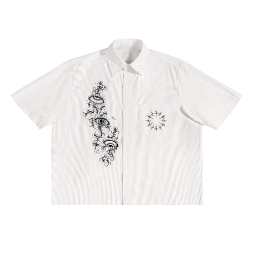 Pinstripe Boxy Shirt,Oversized Stripe Shirt,Boxy Fit Pinstripe Shirt,Short Sleeve Pinstripe Shirt,Men’s Boxy Pinstripe Shirt,Cyber Sigilism Streetwear,Darkwear Pinstripe Shirt,Graphic Streetwear Button Up,Grunge Aesthetic Clothing,Experimental Streetwear Design