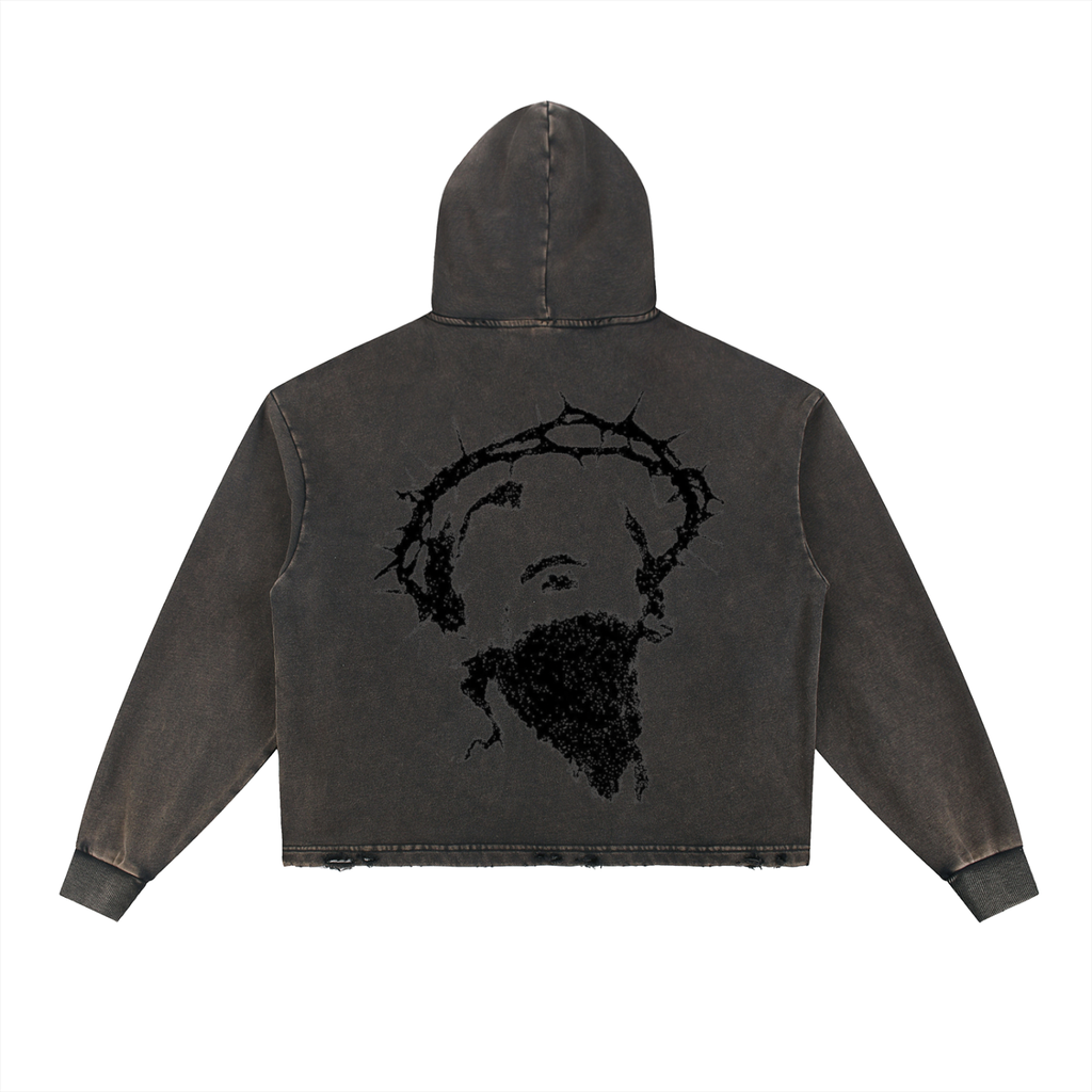 Vintage washed hoodie,Frayed hem hooded sweatshirt,Distressed streetwear hoodie,Boxy fit vintage hoodie,Oversized cropped hoodie men,Drop shoulder washed fleece,Gothic crown of thorns apparel,Dark aesthetic streetwear,Religious iconography clothing,Grunge aesthetic hoodie