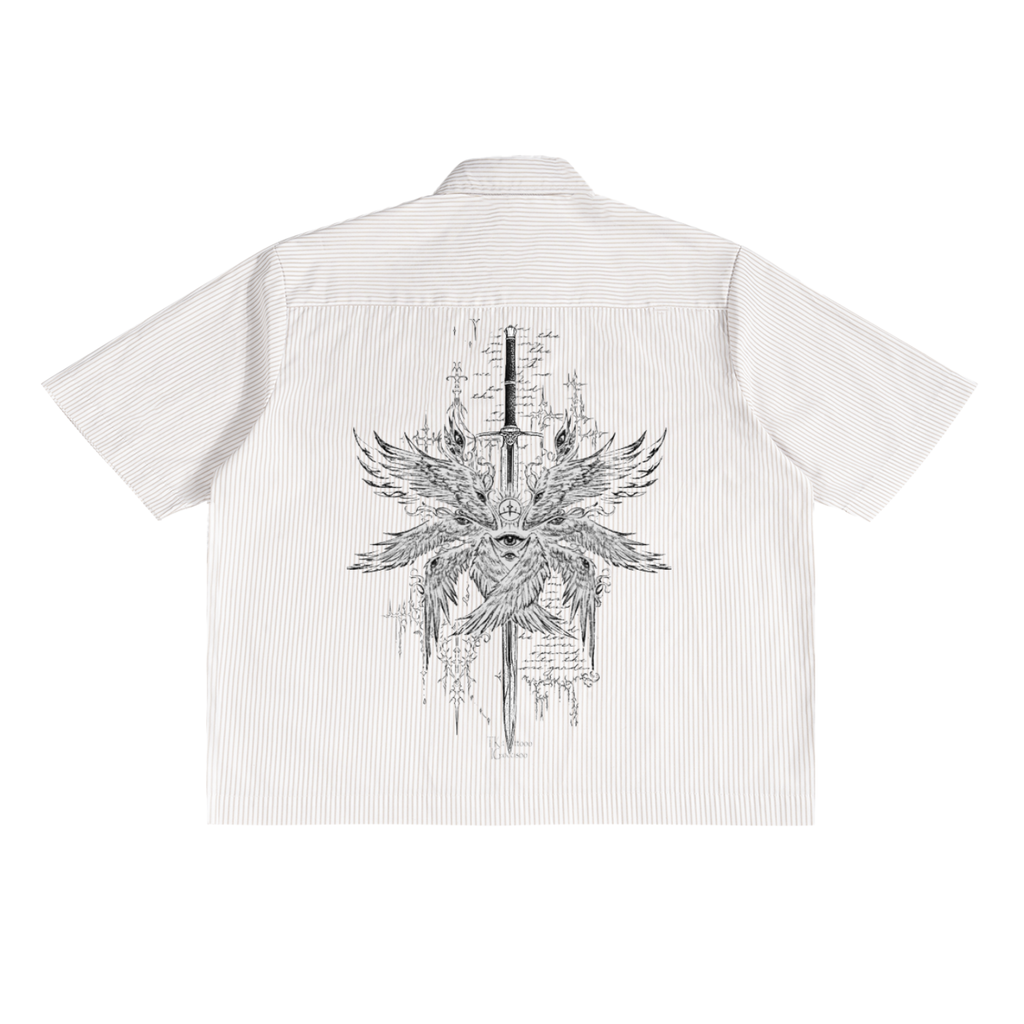 Pinstripe Boxy Shirt,Oversized Stripe Shirt,Boxy Fit Pinstripe Shirt,Short Sleeve Pinstripe Shirt,Men’s Boxy Pinstripe Shirt,Cyber Sigilism Streetwear,Darkwear Pinstripe Shirt,Graphic Streetwear Button Up,Grunge Aesthetic Clothing,Experimental Streetwear Design