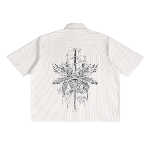 Pinstripe Boxy Shirt,Oversized Stripe Shirt,Boxy Fit Pinstripe Shirt,Short Sleeve Pinstripe Shirt,Men’s Boxy Pinstripe Shirt,Cyber Sigilism Streetwear,Darkwear Pinstripe Shirt,Graphic Streetwear Button Up,Grunge Aesthetic Clothing,Experimental Streetwear Design