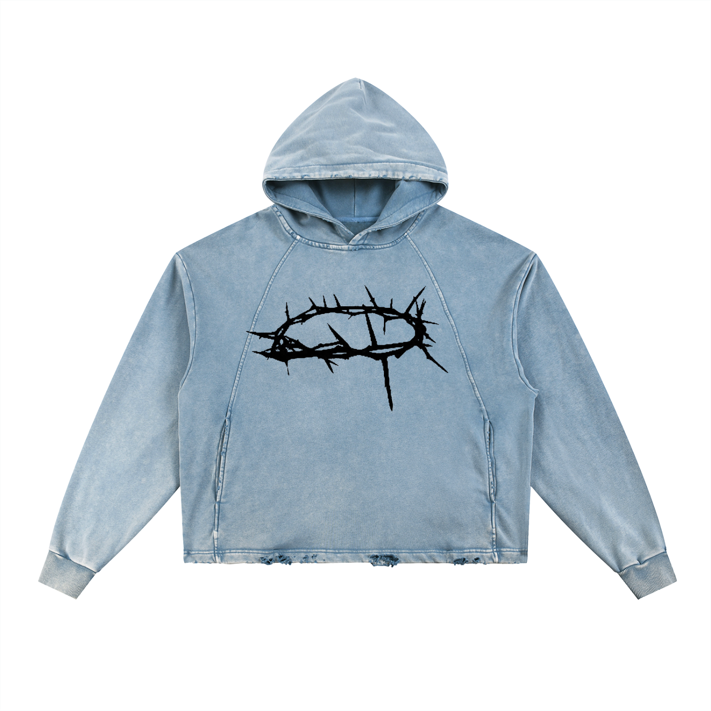 Vintage washed hoodie,Frayed hem hooded sweatshirt,Distressed streetwear hoodie,Boxy fit vintage hoodie,Oversized cropped hoodie men,Drop shoulder washed fleece,Gothic crown of thorns apparel,Dark aesthetic streetwear,Religious iconography clothing,Grunge aesthetic hoodie