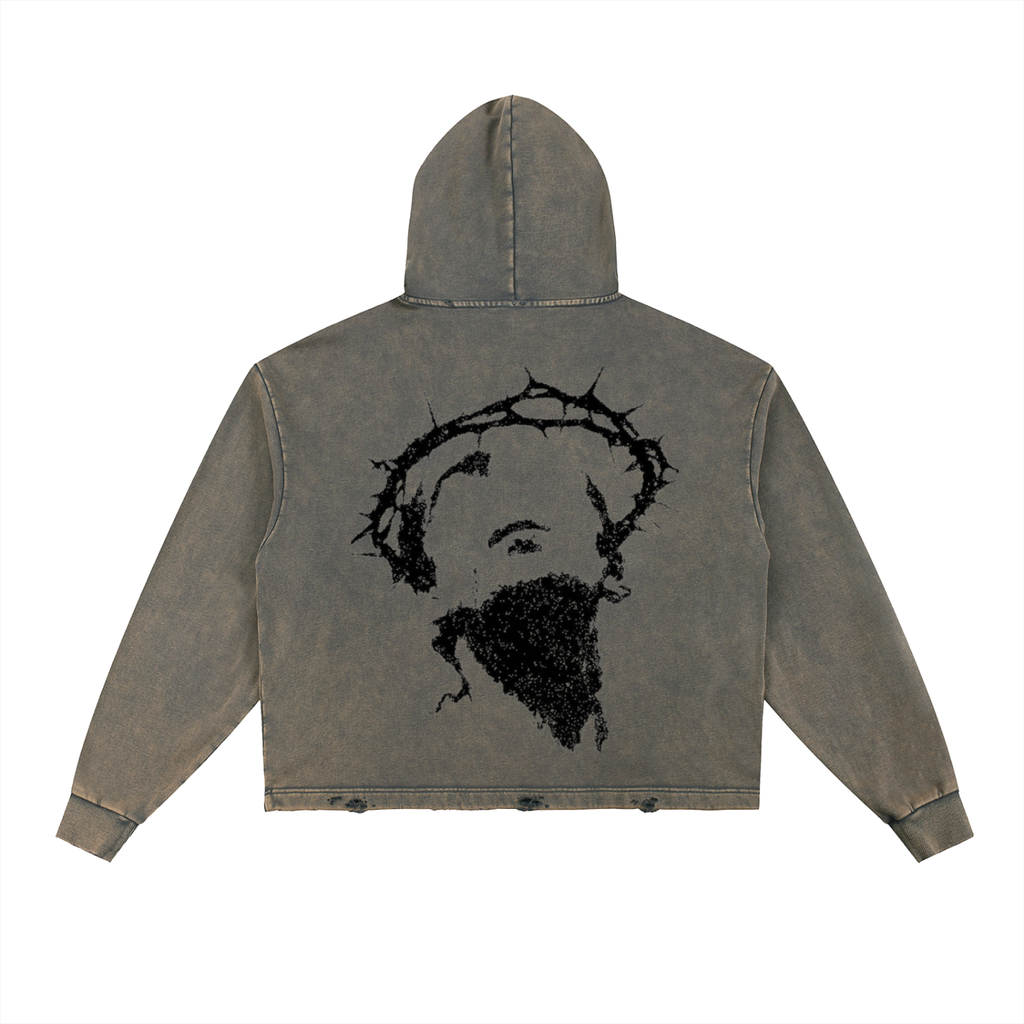 Vintage washed hoodie,Frayed hem hooded sweatshirt,Distressed streetwear hoodie,Boxy fit vintage hoodie,Oversized cropped hoodie men,Drop shoulder washed fleece,Gothic crown of thorns apparel,Dark aesthetic streetwear,Religious iconography clothing,Grunge aesthetic hoodie
