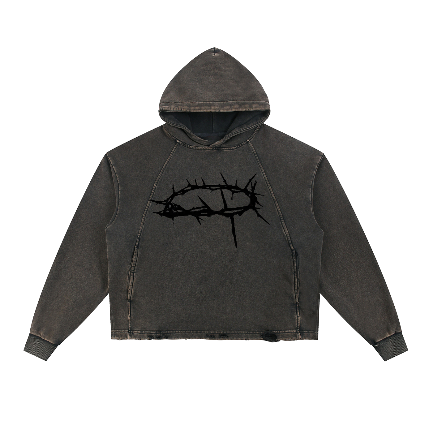 Vintage washed hoodie,Frayed hem hooded sweatshirt,Distressed streetwear hoodie,Boxy fit vintage hoodie,Oversized cropped hoodie men,Drop shoulder washed fleece,Gothic crown of thorns apparel,Dark aesthetic streetwear,Religious iconography clothing,Grunge aesthetic hoodie