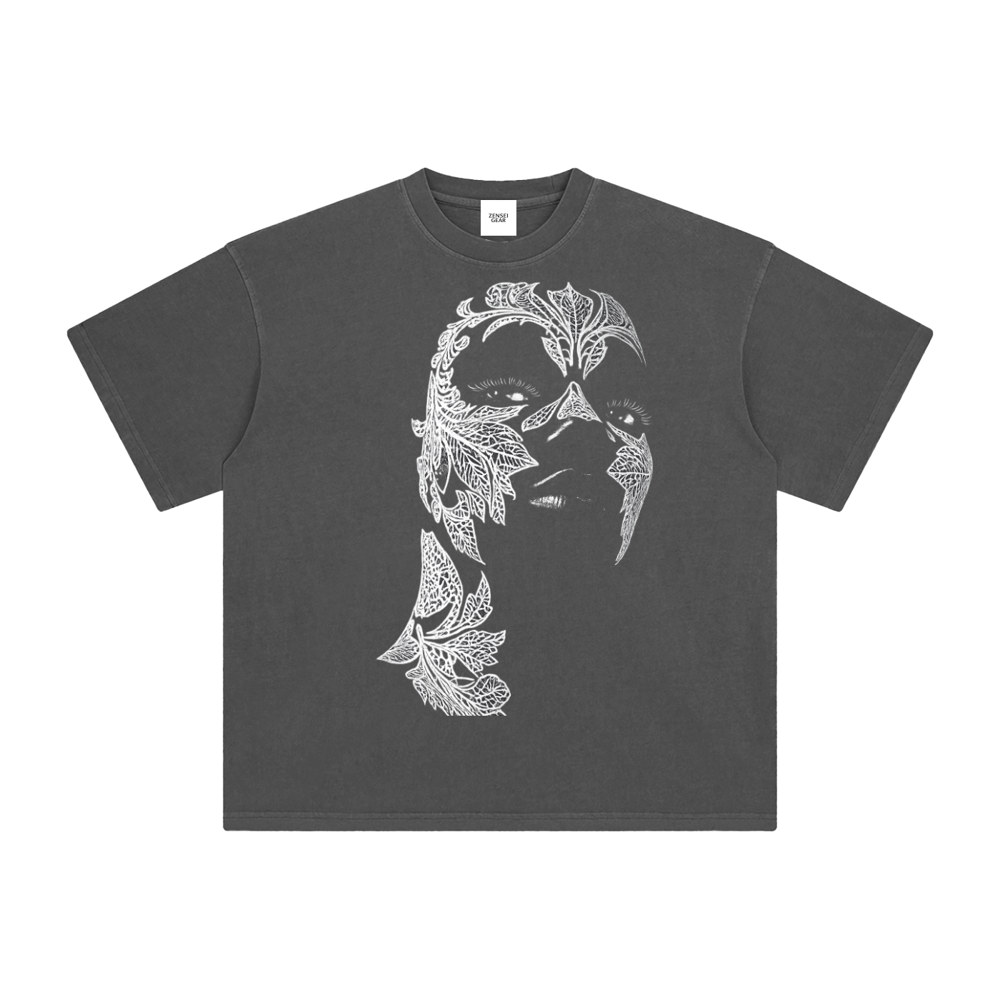 Enzyme washed t-shirt,Heavyweight streetwear tee,Drop shoulder graphic tee,Acid wash black t-shirt,Boxy fit unisex shirt,Nature-inspired face art tee,Intricate line art streetwear,Alternative fashion graphic te,Minimalist monochrome streetwe,Vintage black oversized top